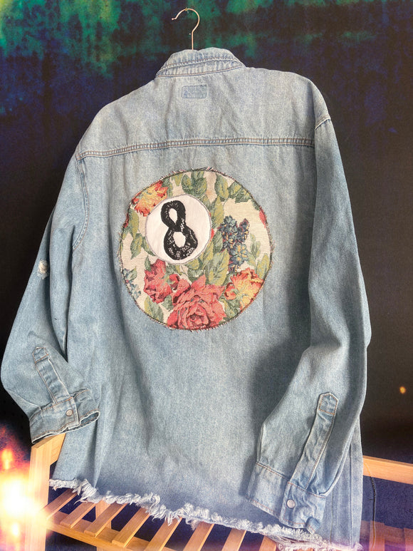 Magic 8 ball distressed Jean jacket size oversized XL